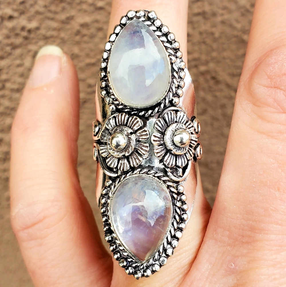 New Rainbow Moonstone 925 Silver Statement Ring.